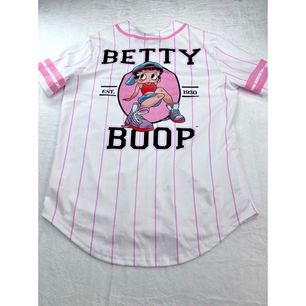 Betty Boop Pinstripe Button Up Baseball Jersey Pink White Stripe Med NWT